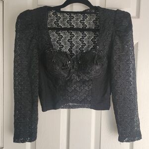 Vintage Black Lace Crop Top with 3/4 Lace Sleeves | Large | Whimsigoth